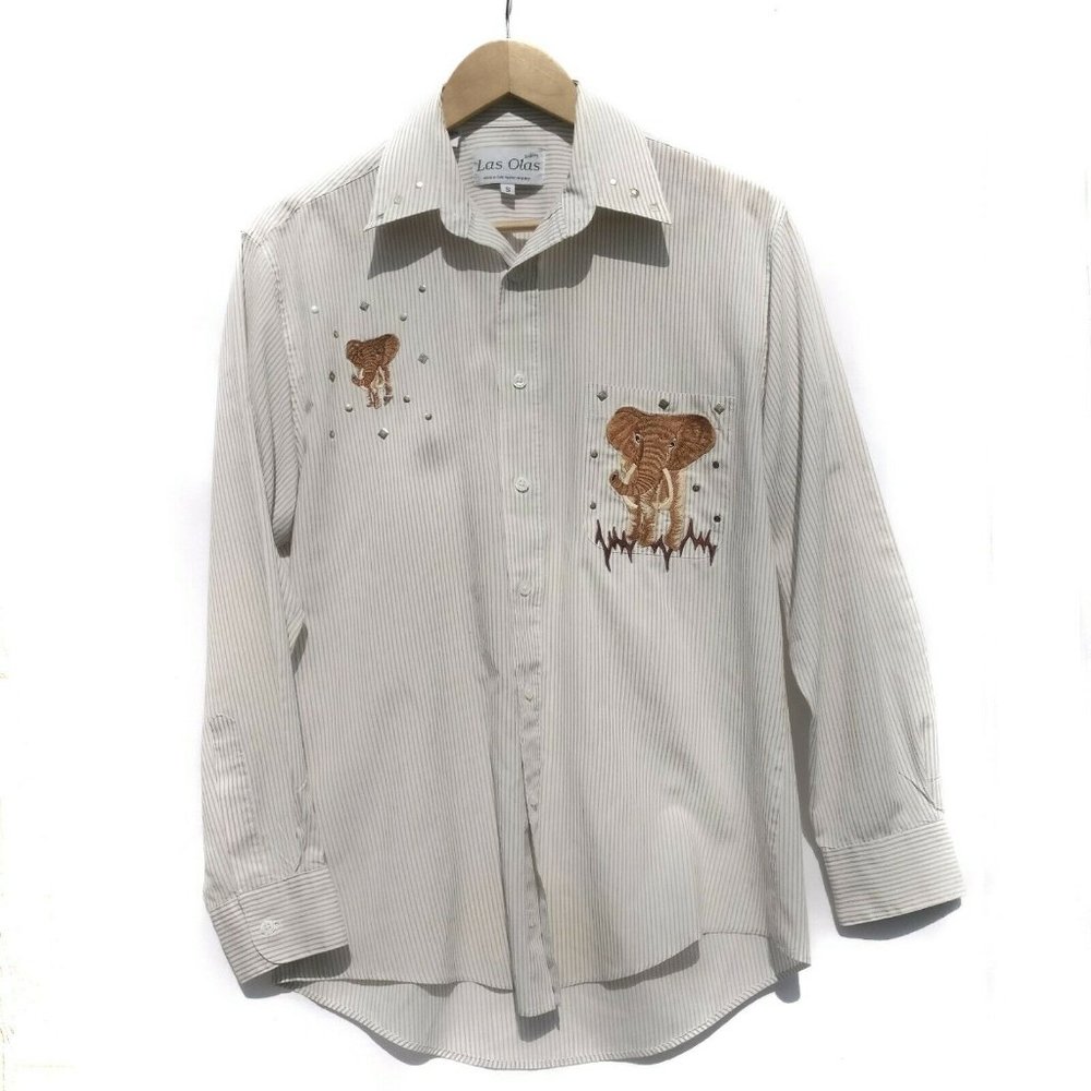 Las Olas Elephants White/Beige Striped Button-Up S B3